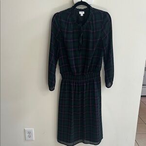 J. Crew long- sleeve printed tie-neck dress in Green Pink Plaid S